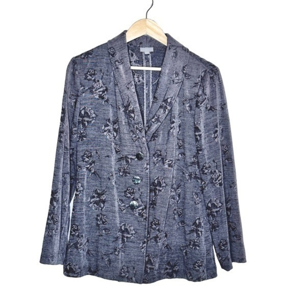 J. Jill Womens Grey‎ Black Tapestry Floral Buttoned Blazer Size S